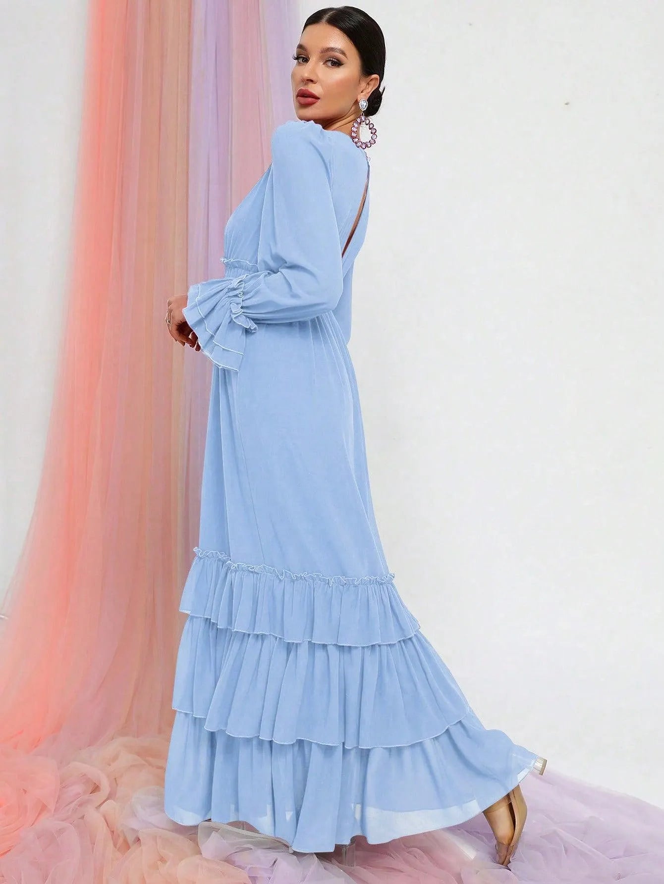 Solid Lantern Sleeves Layered Ruffle Hem Chiffon Dress - Elonnashop