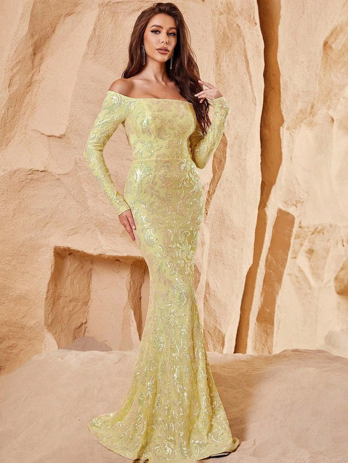 Off Shoulder Long Sleeve Mermaid Prom Dresses - Elonnashop