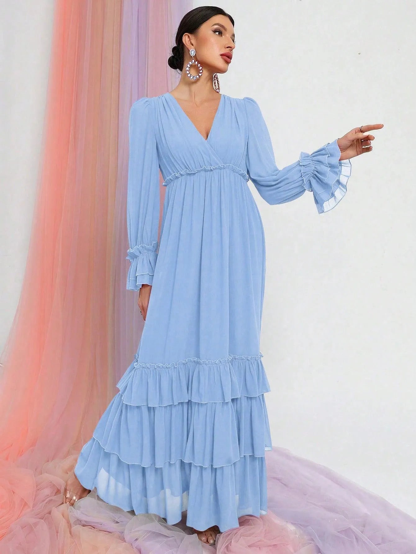 Solid Lantern Sleeves Layered Ruffle Hem Chiffon Dress - Elonnashop