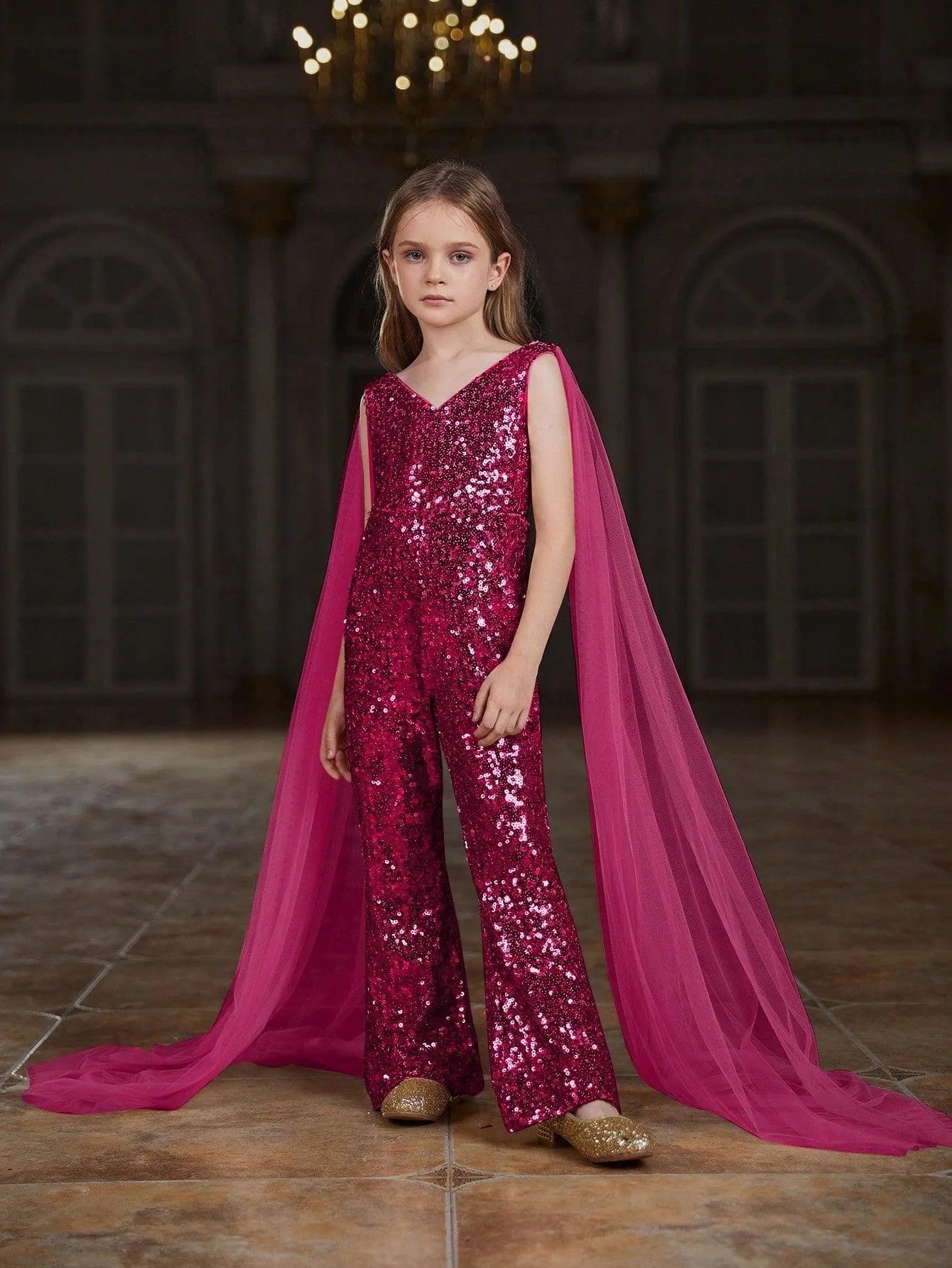 Tween Girls' V Neck Mesh Cloak Sleeve Sequin Jumpsuit Hot Pink 8Y