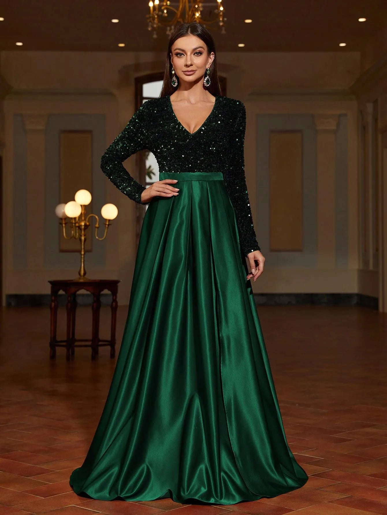 Plunging Neck Contrast Satin Sequin Formal Dress - Elonnashop