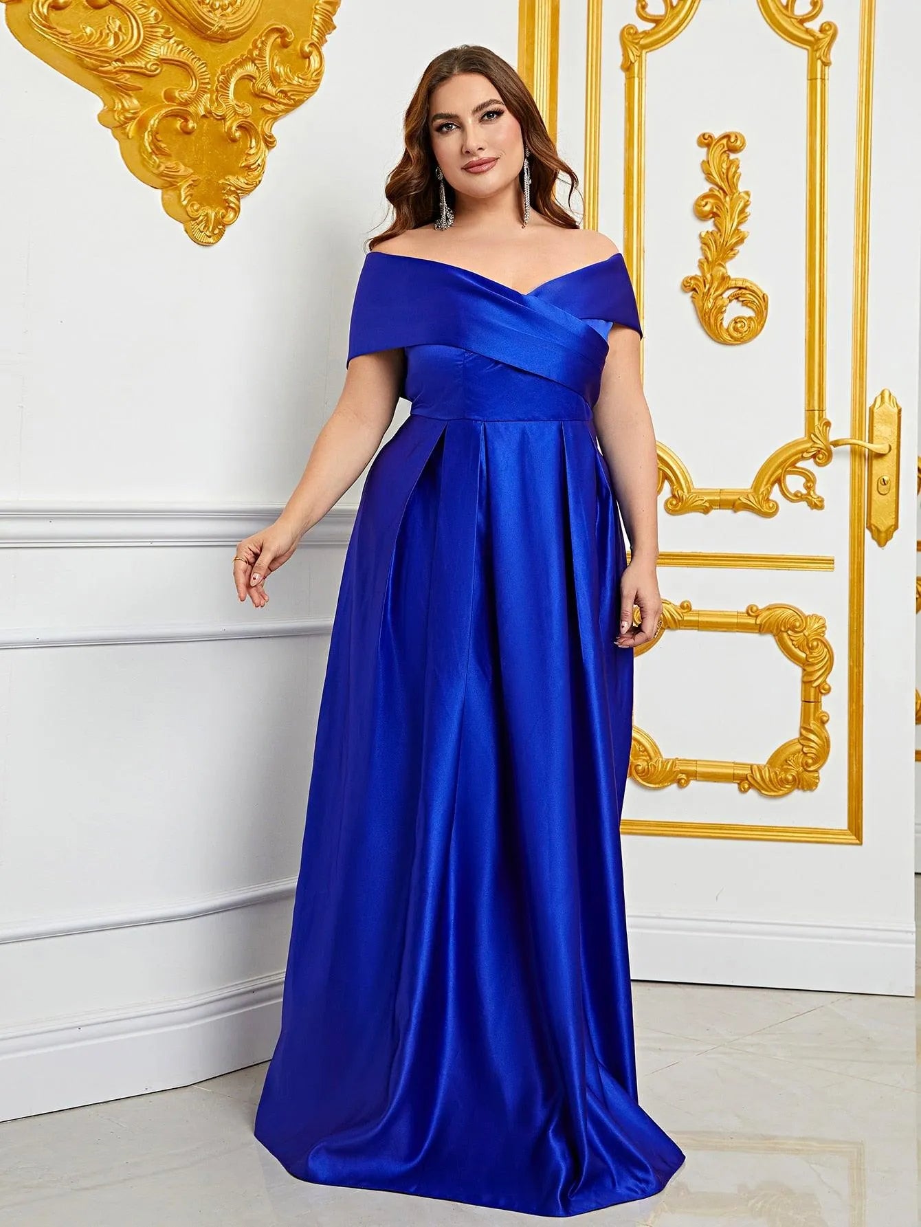 Plus Elegant Off Shoulder Satin A Line Prom Dress - Elonnashop