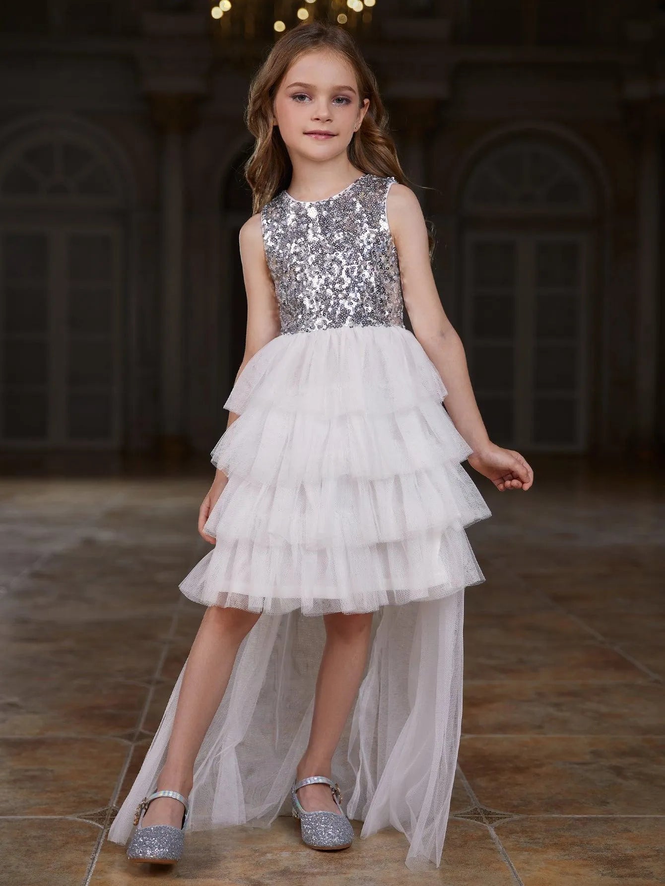 Tween Girls' Mesh Layered Hem Sequin Party Dress - Elonnashop