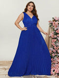 Plus Glitter V Neck Sleeveless Maxi A Line Pleated Gown - Elonnashop