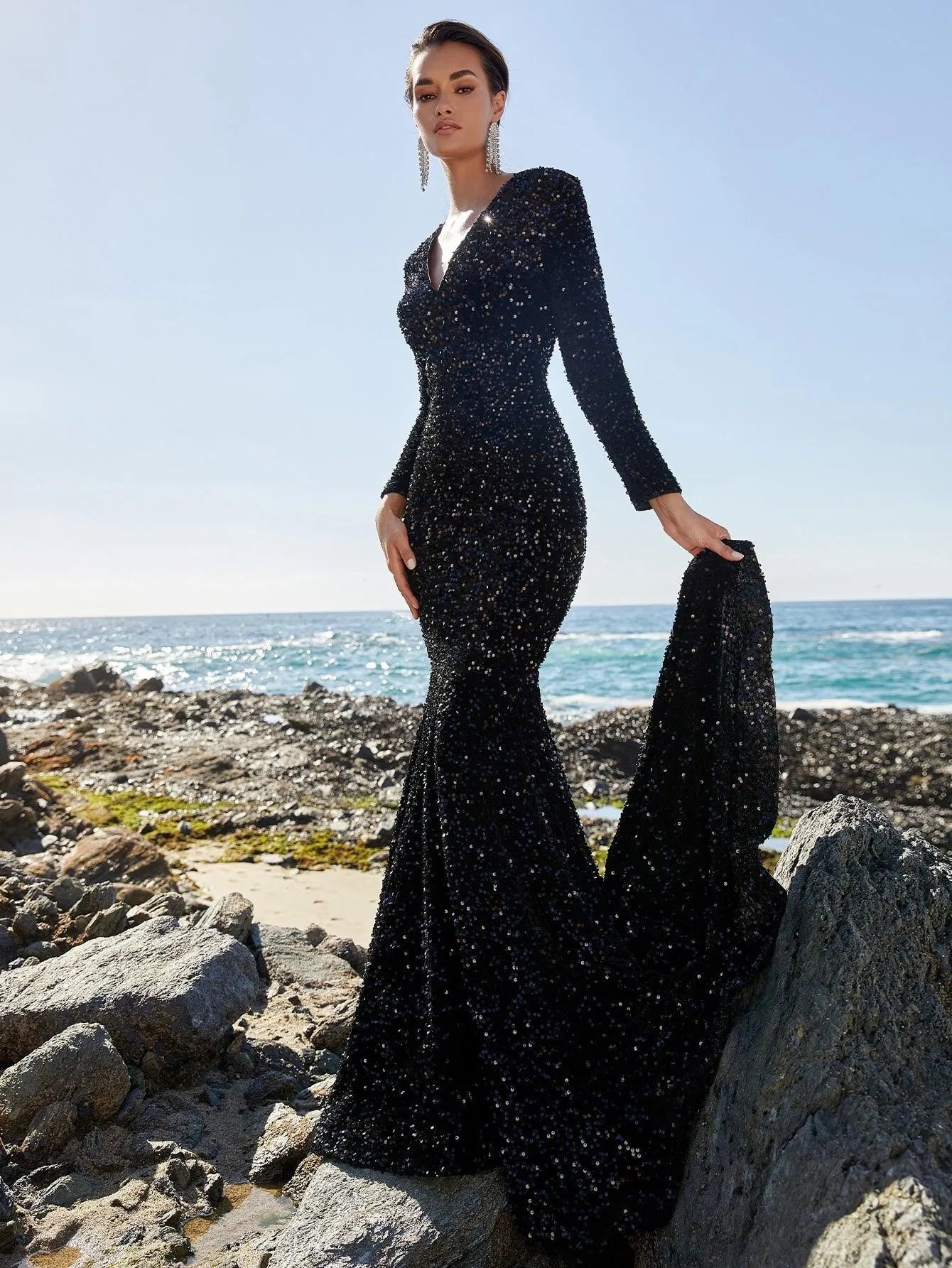 Elegant V Neck Long Sleeve Sequin Prom Dresses - Elonnashop