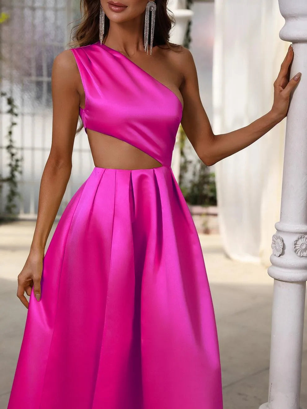 One Shoulder Cut Out Waist Satin Prom Dress - Elonnashop