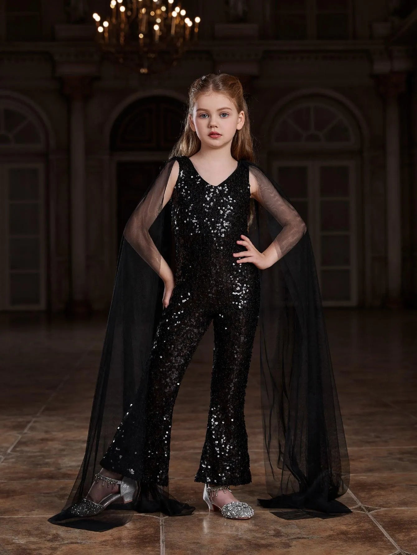 Tween Girls' V Neck Mesh Cloak Sleeve Sequin Jumpsuit - Elonnashop