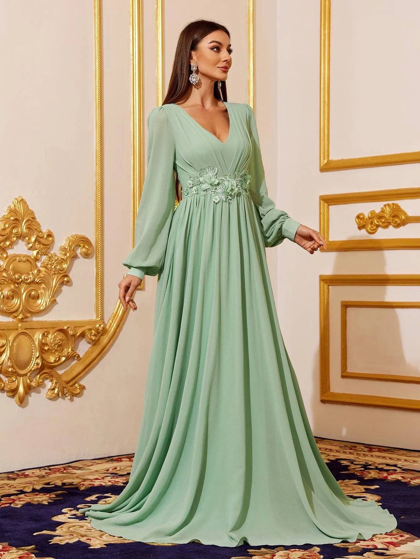 Floral Applique Lantern Sleeve Chiffon Formal Dress Green / L Floral Applique Lantern Sleeve Chiffon Formal Dress Green / L
