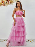 Ruffled Tulle Skirt and Rosette Crop Top Set - Elonnashop