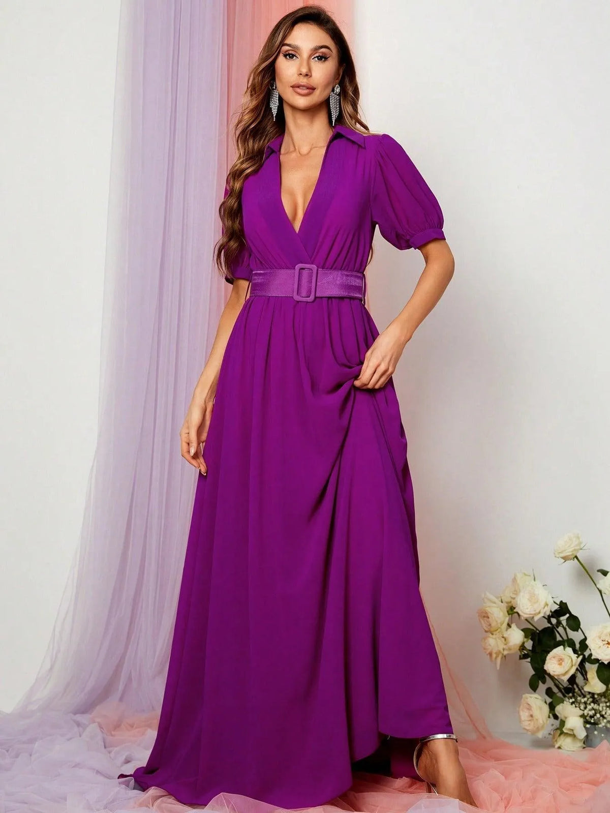 Deep V Neck Puff Sleeve Belted Maxi Dress - Elonnashop