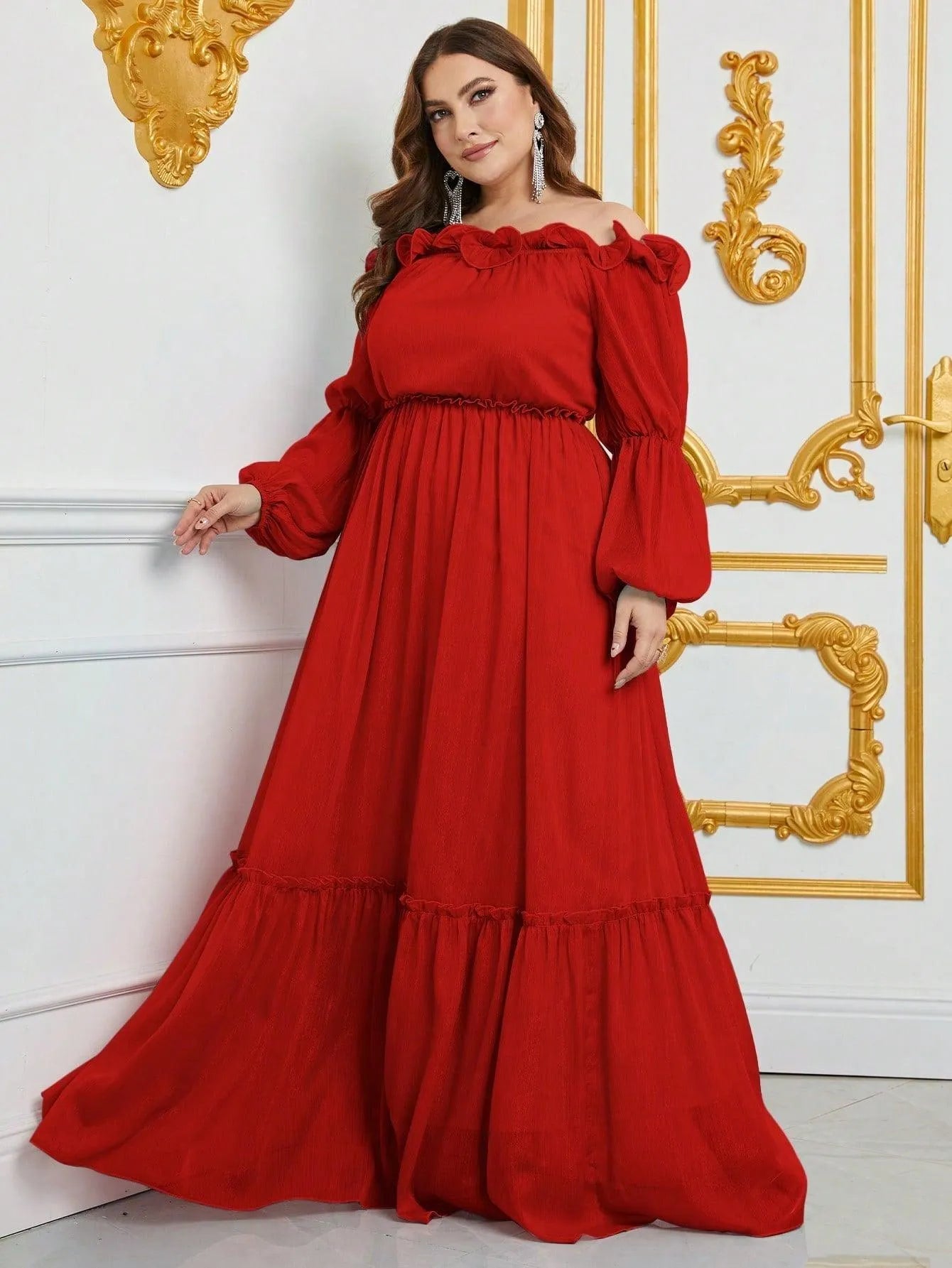 Plus Off Shoulder Ruffle Trim Chiffon Dress - Elonnashop