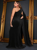 Plus One Shoulder Draped Side Velvet Prom Dresses - Elonnashop