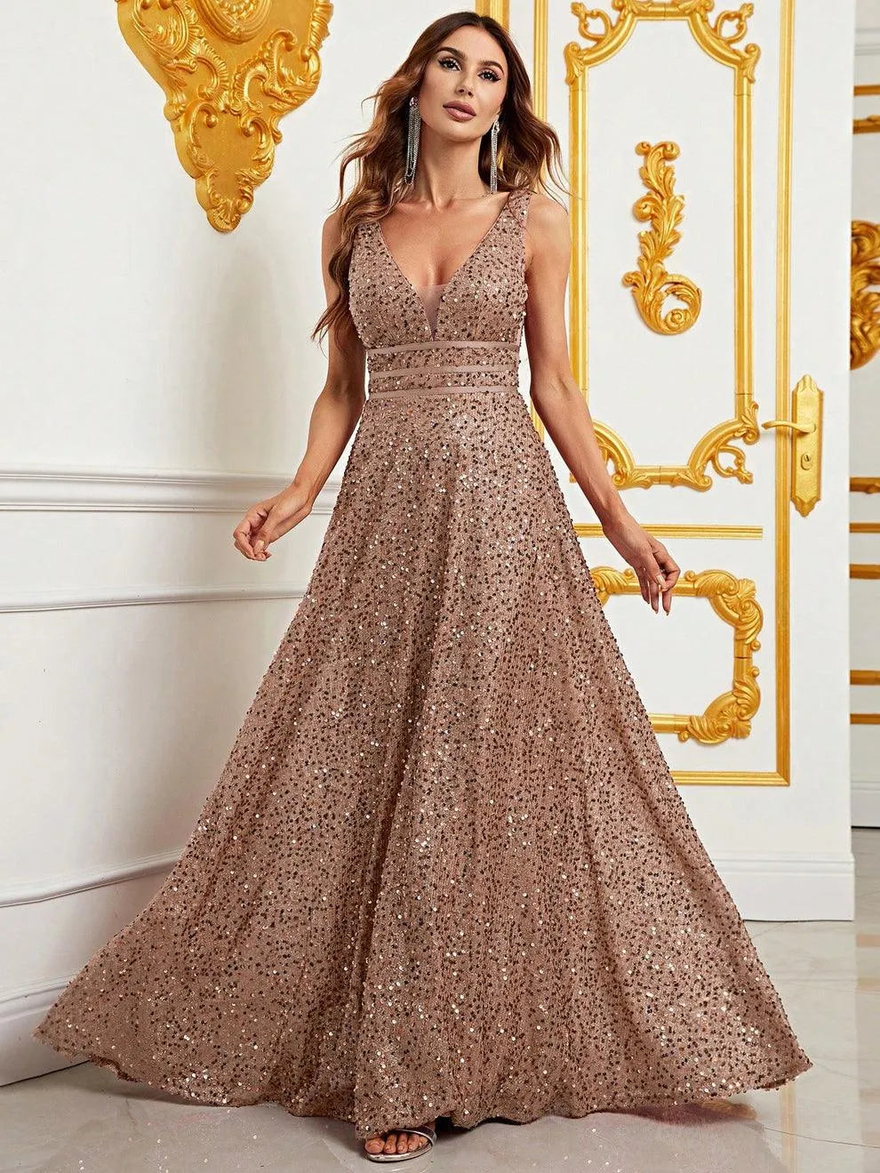 Elegant Deep V Neck Sequin A Line Prom Dresses - Elonnashop