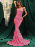Elegant Spaghetti Strap Sleeveless Sequin Prom Dresses - Elonnashop