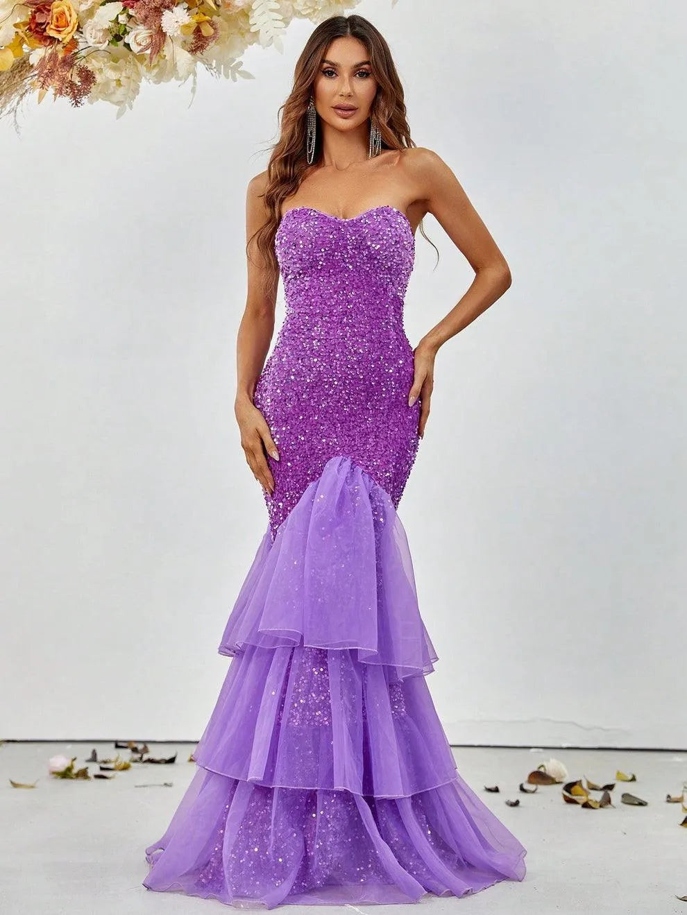 Elegant Mesh Overlay Mermaid Hem Sequin Prom Dress - Elonnashop