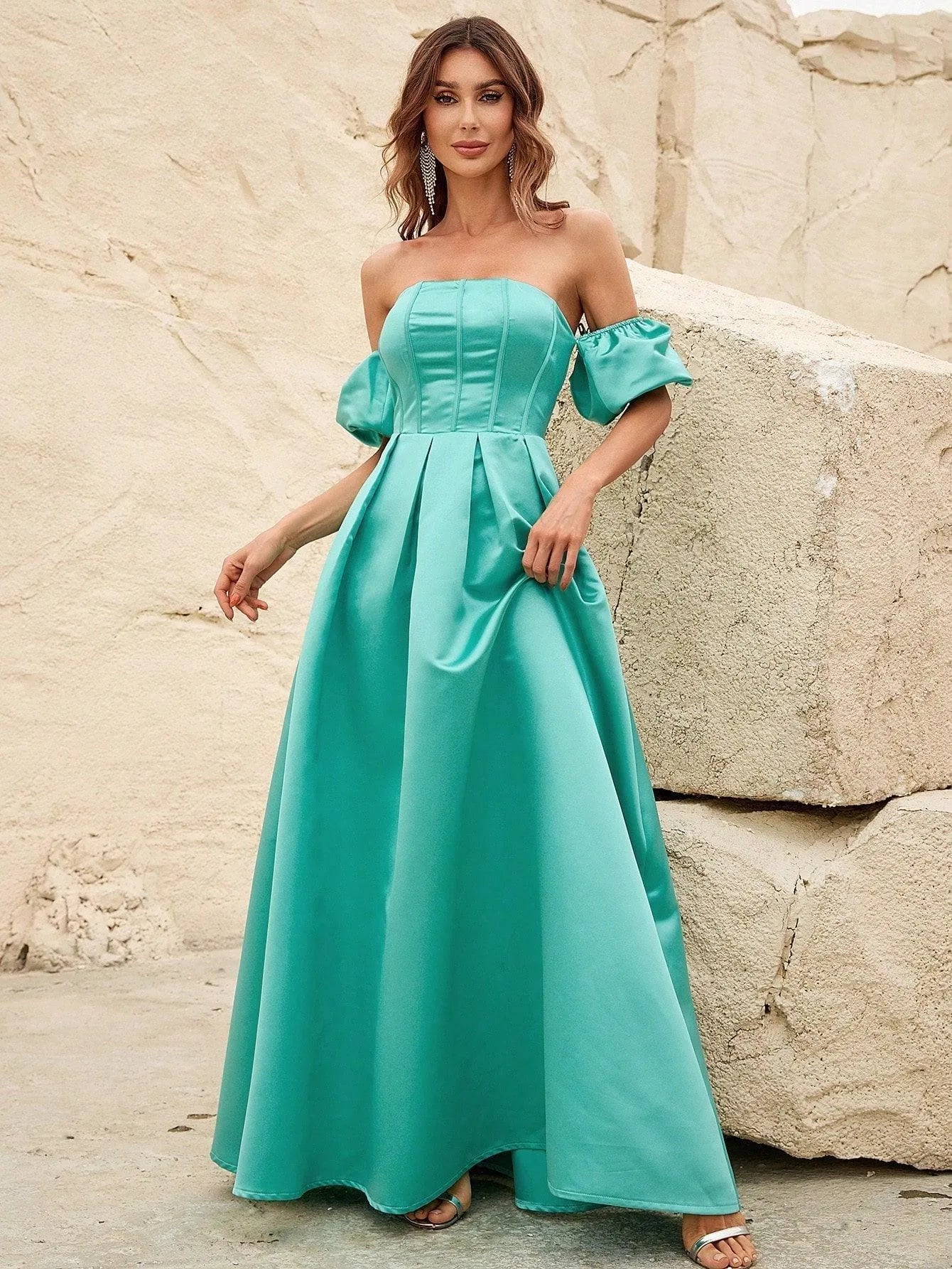 Off Shoulder Puff Sleeves Ruched Bust Fold Pleated Satin Gown - Elonnashop