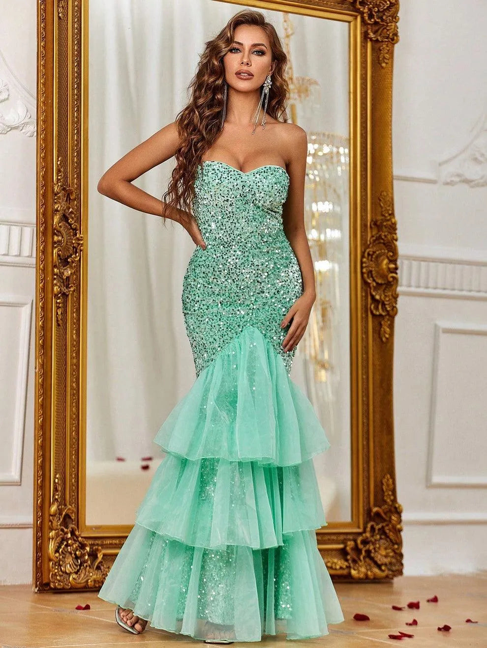 Elegant Mesh Overlay Mermaid Hem Sequin Prom Dress - Elonnashop