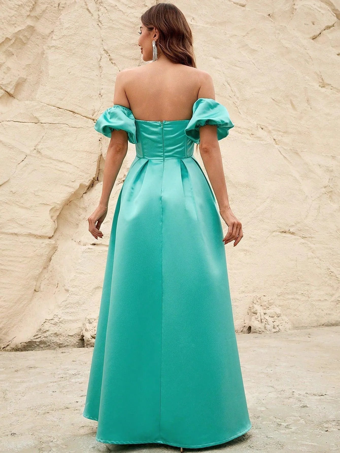 Off Shoulder Puff Sleeves Ruched Bust Fold Pleated Satin Gown - Elonnashop