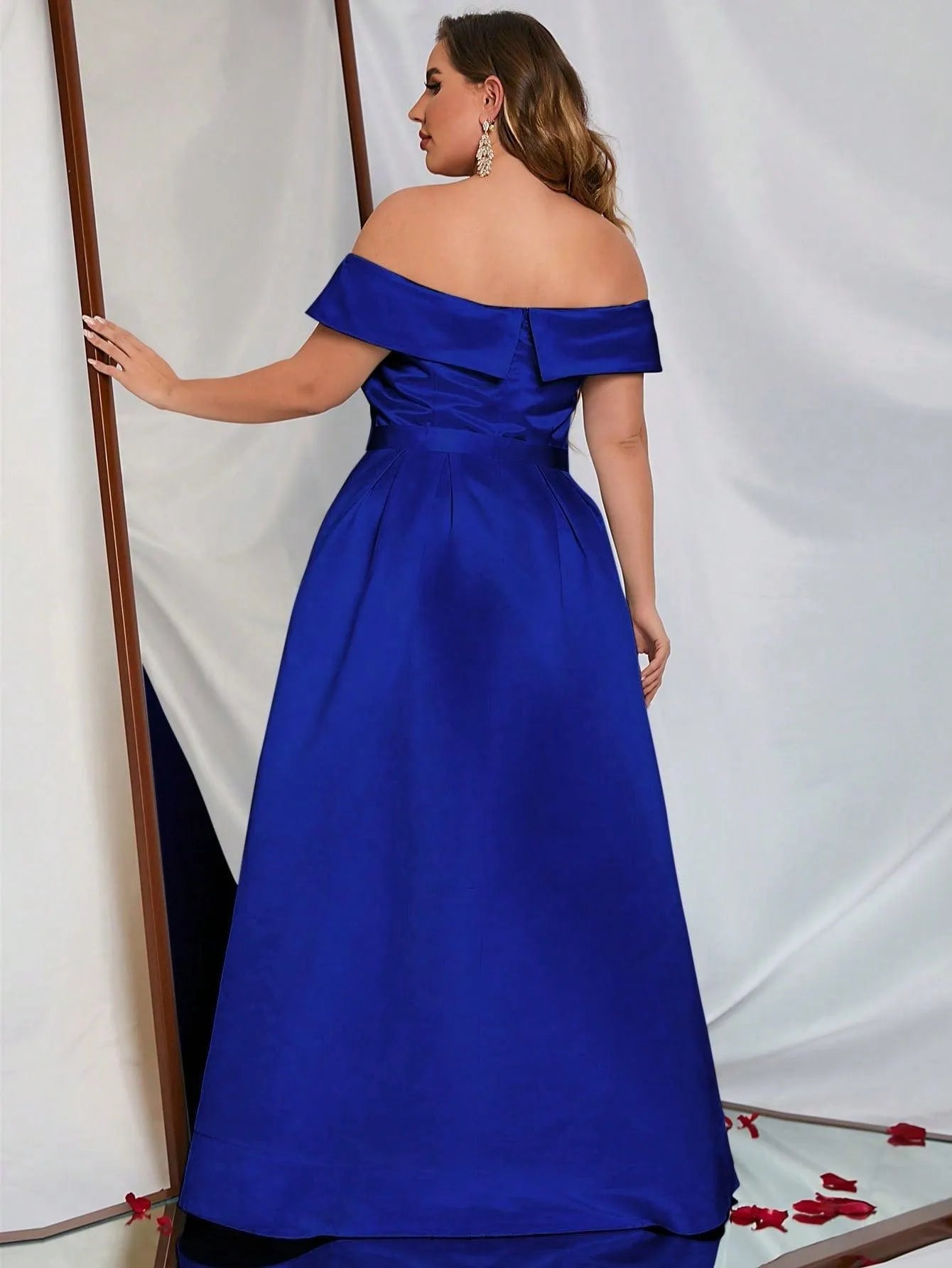 Plus Off Shoulder Buckle Belted Satin Ball Gown - Elonnashop