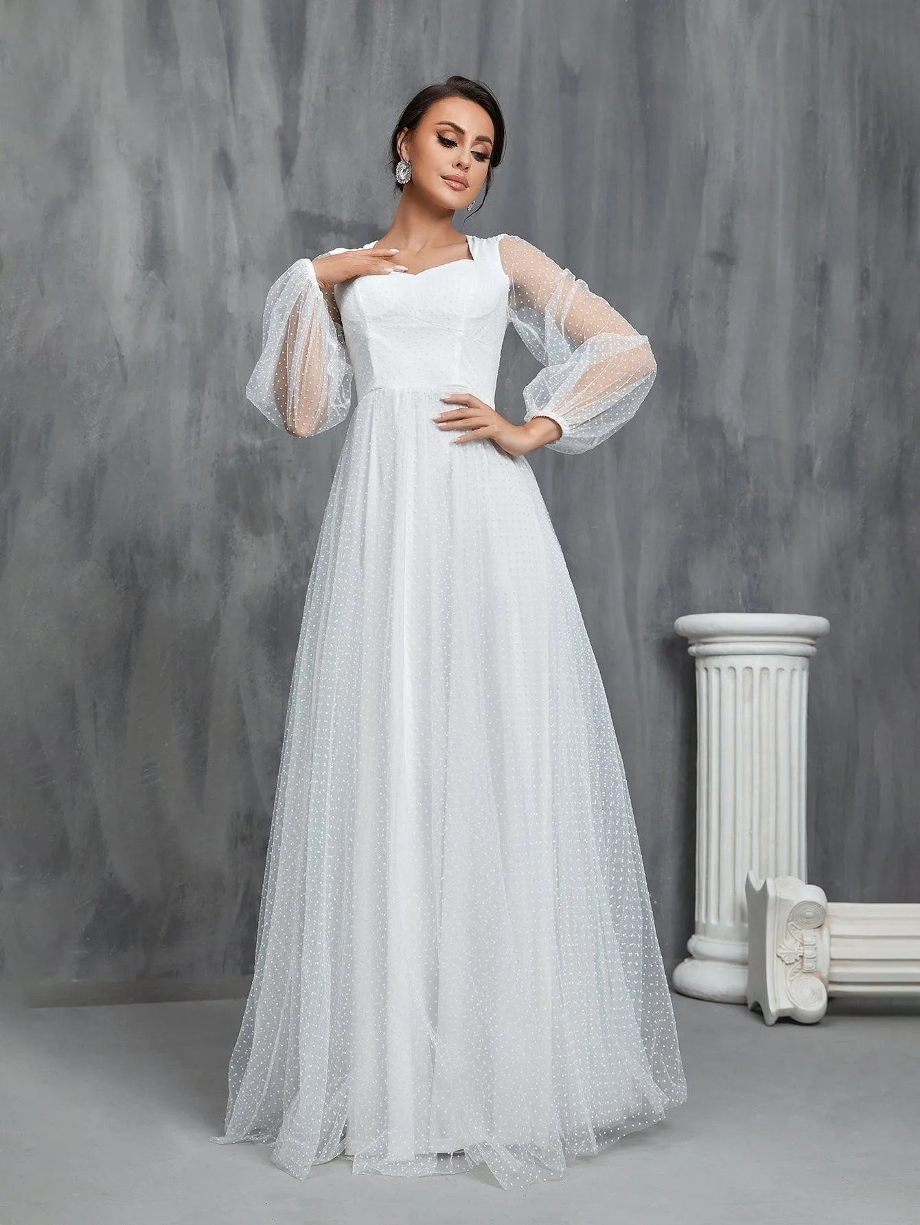 Lantern Sleeves Dobby Mesh Wedding Dress - Elonnashop