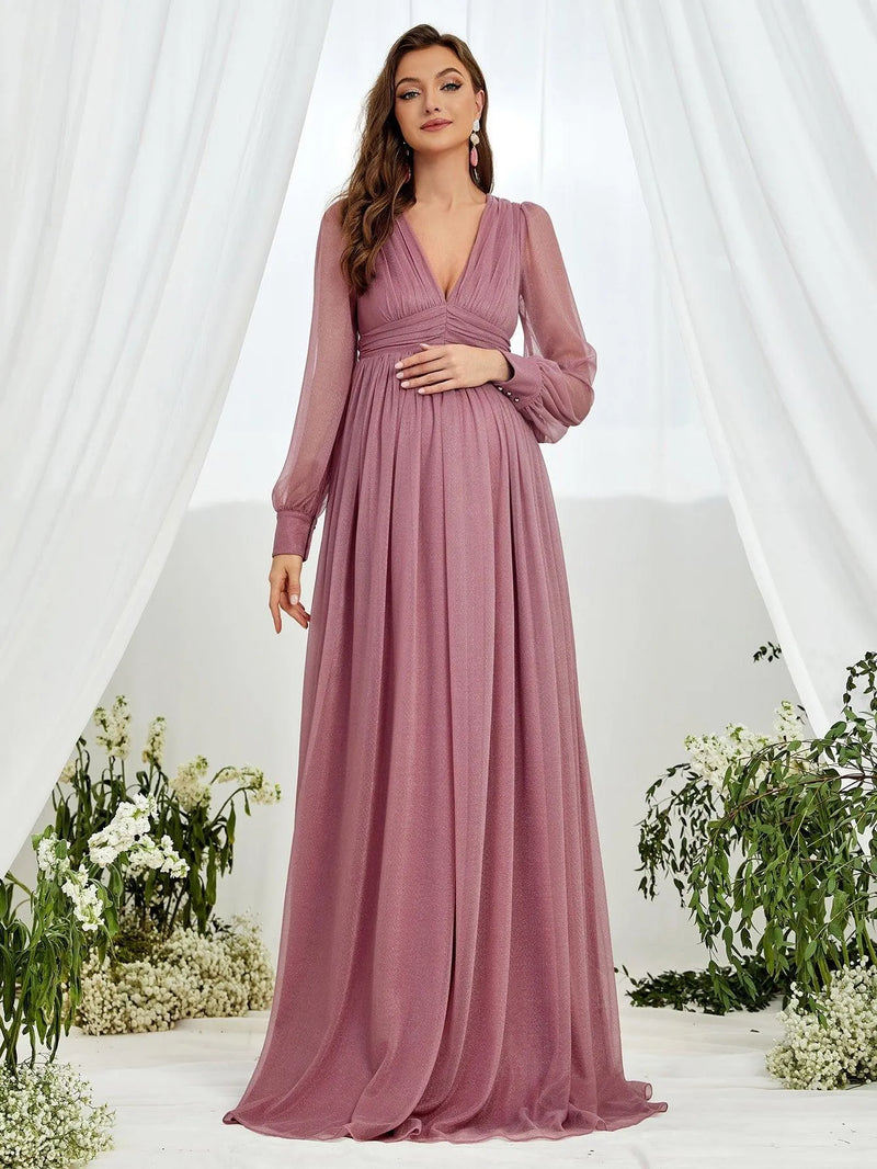 white christmas dresses Blue Chiffon Long Sleeve Pleated Maternity Maxi Dress – PinkBlush main image 0