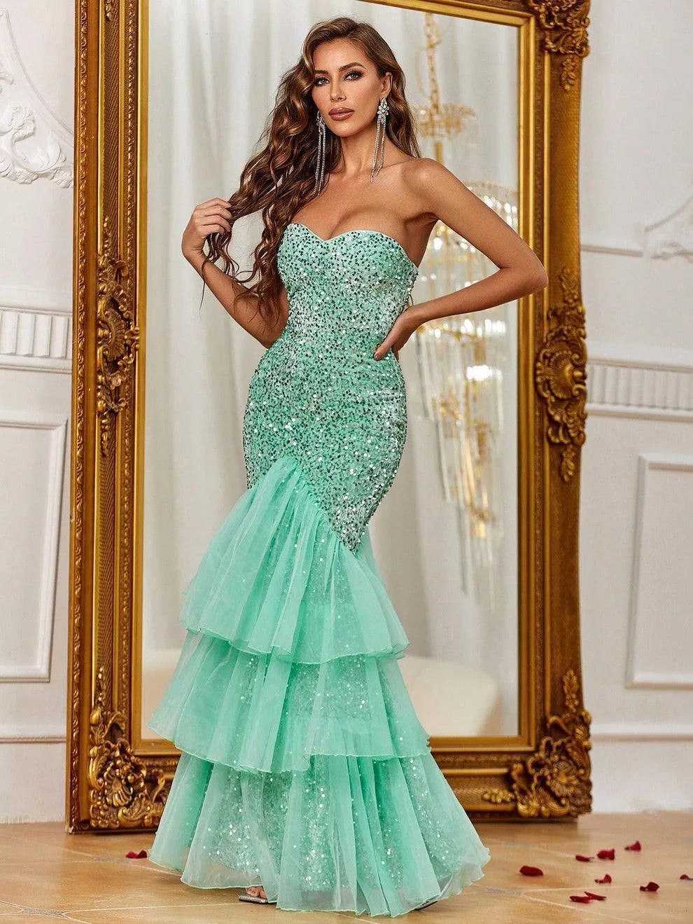 Elegant Mesh Overlay Mermaid Hem Sequin Prom Dress - Elonnashop