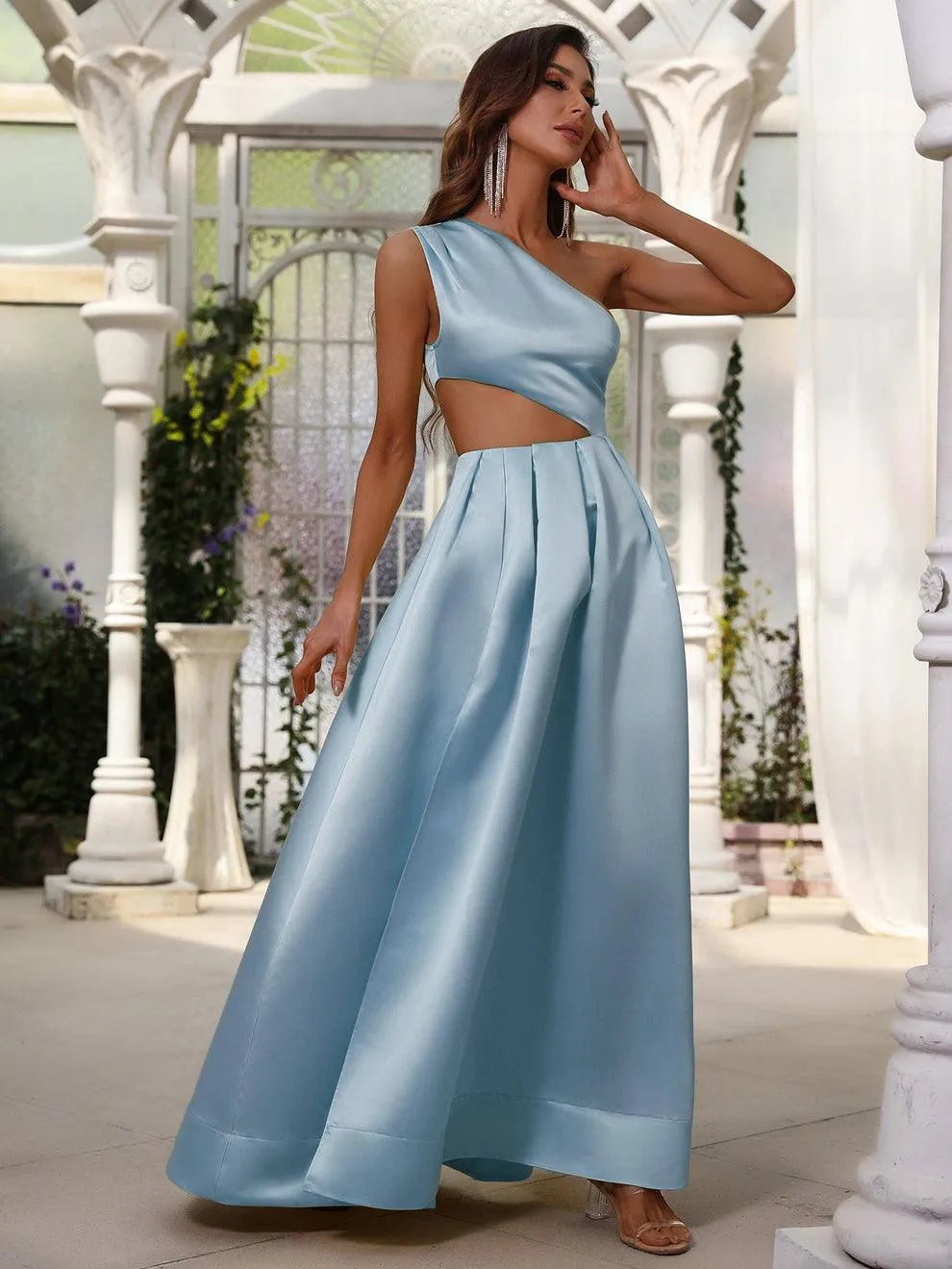 One Shoulder Cut Out Waist Satin Prom Dress - Elonnashop