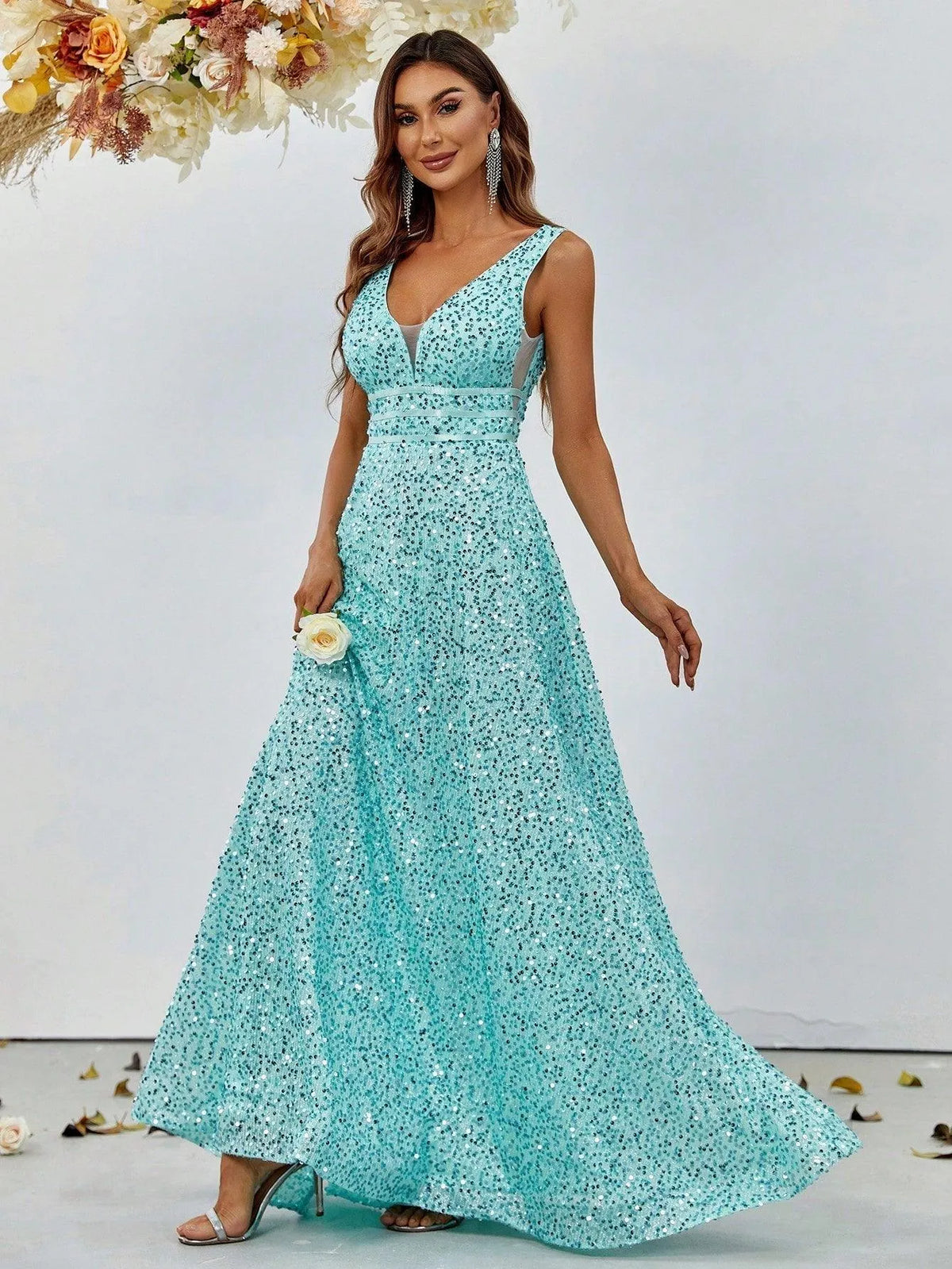 Elegant V Neck Sleeveless Sequin A-line Dresses - Elonnashop