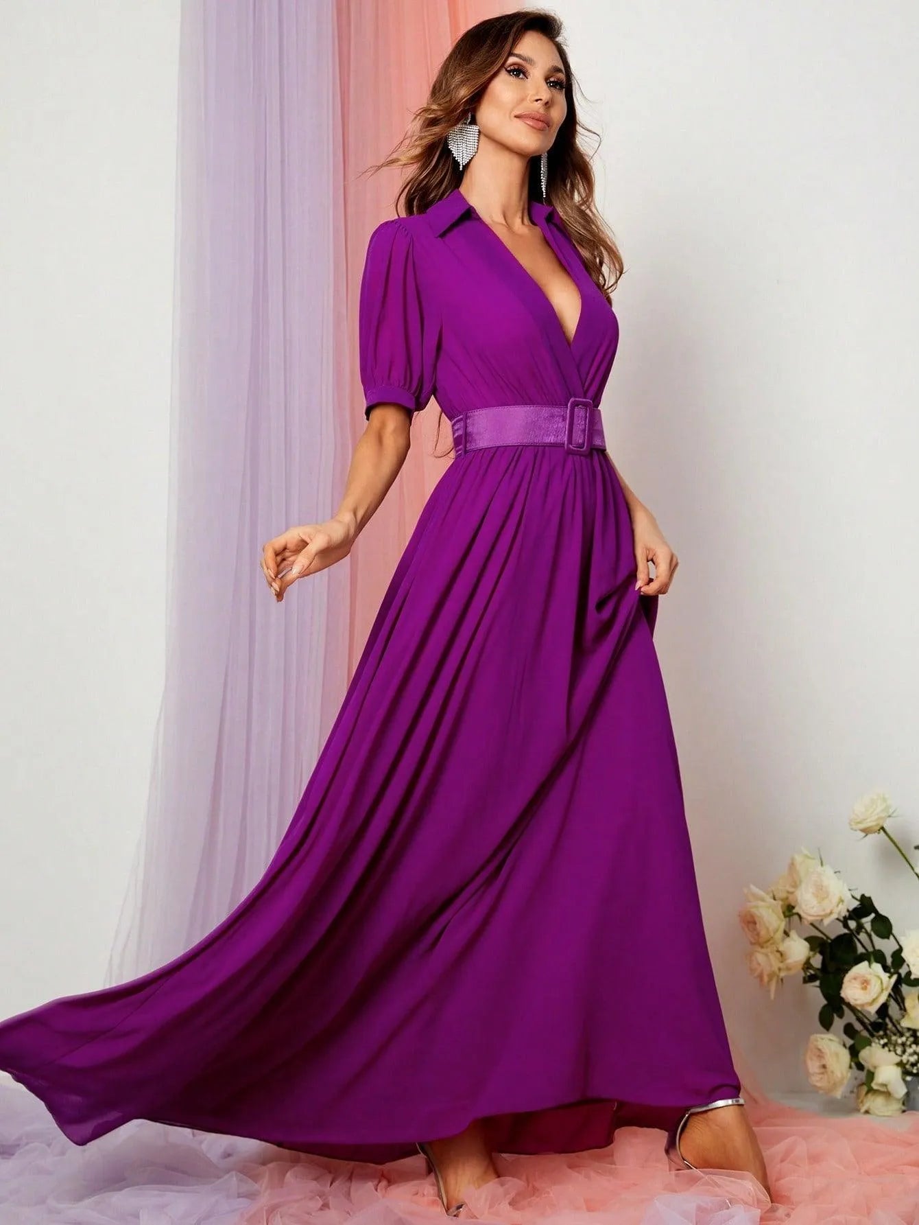 Deep V Neck Puff Sleeve Belted Maxi Dress - Elonnashop