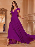 Solid V Neck Draped Back Chiffon A Line Dress - Elonnashop