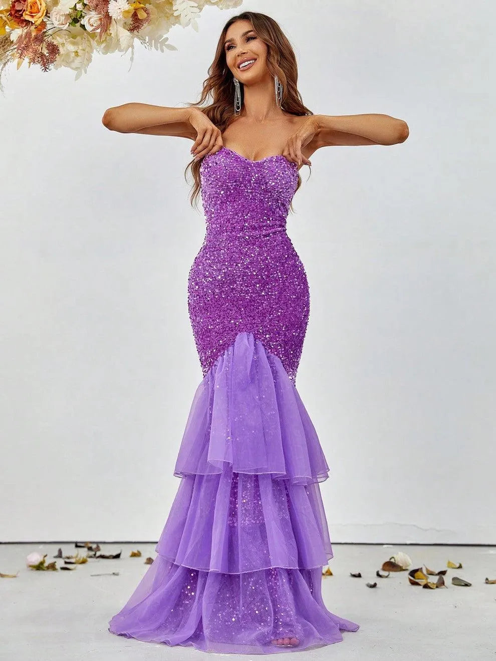 Elegant Mesh Overlay Mermaid Hem Sequin Prom Dress - Elonnashop