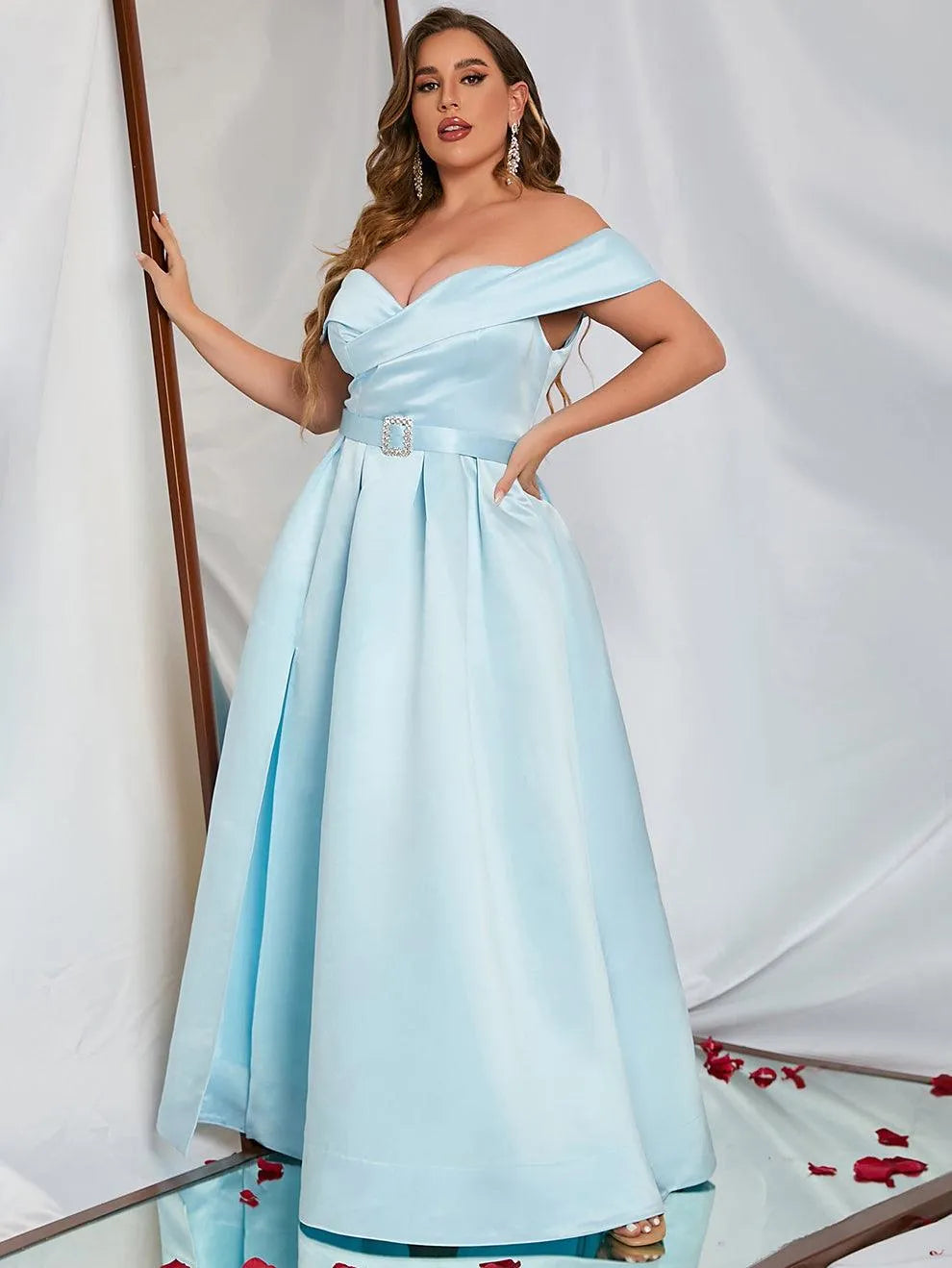 Plus Off Shoulder Buckle Belted Satin Ball Gown - Elonnashop