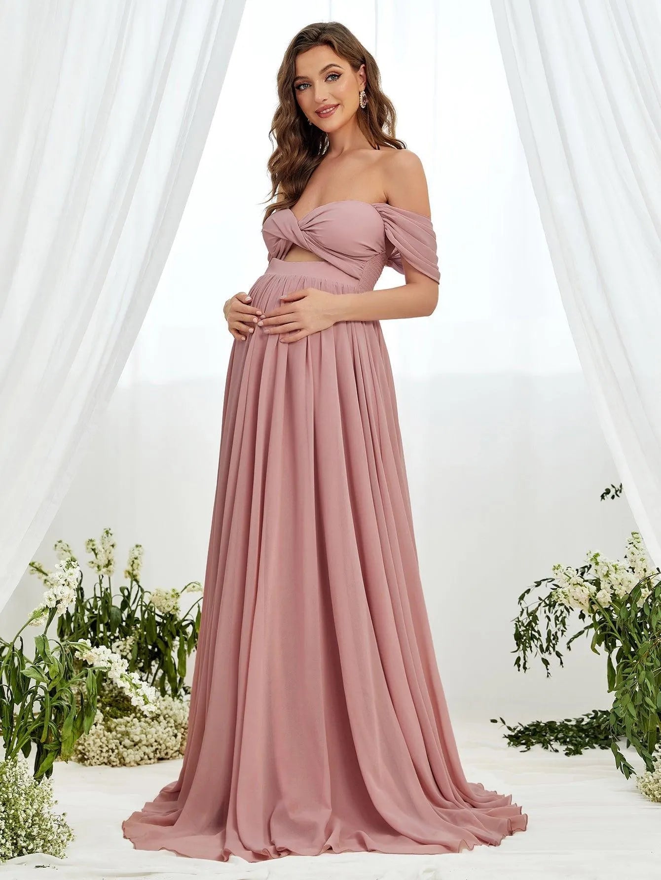 Maternity Off Shoulder Cut Out Front Chiffon Dress - Elonnashop