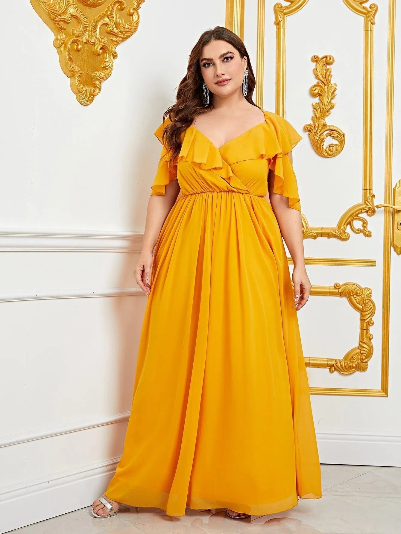 Plus Sweetheart Neck Ruffle Trim Chiffon A Line Dress Yellow / 1XL Plus Sweetheart Neck Ruffle Trim Chiffon A Line Dress Yellow / 1XL