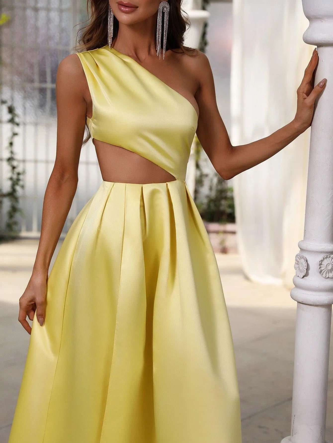 One Shoulder Cut Out Waist Satin Prom Dress - Elonnashop