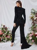 Plunging Neck Long Sleeve Sequin Formal Jumpsuit - Elonnashop