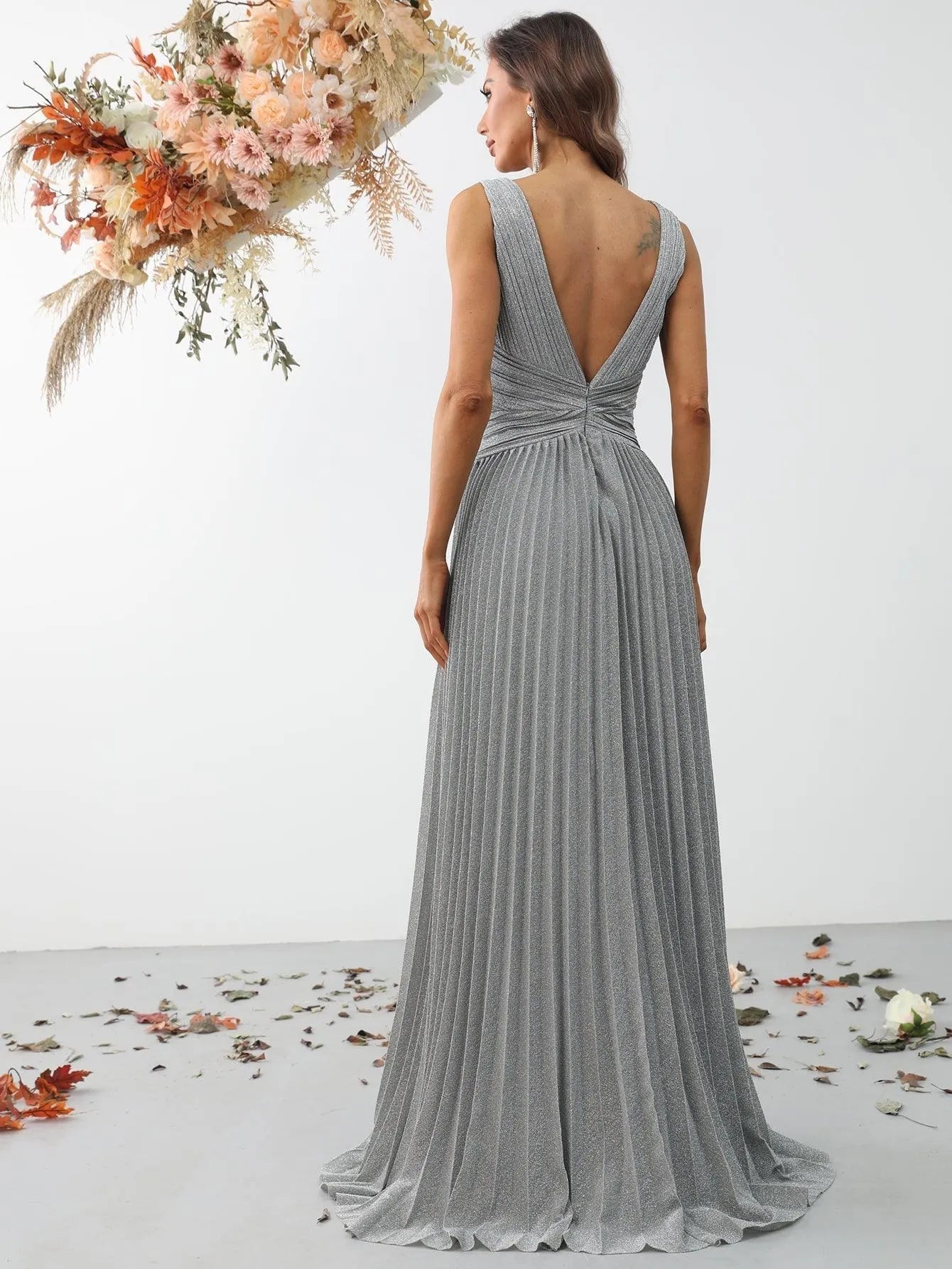 Glitter V Neck Sleeveless Maxi A Line Pleated Gown - Elonnashop