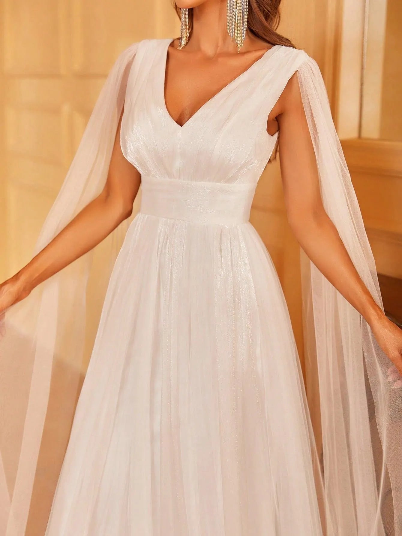 Plunging Neck A Line Wedding dress With Cape - Elonnashop