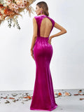 Mock Neck Backless Rhinestone Detail Velvet Dress - Elonnashop