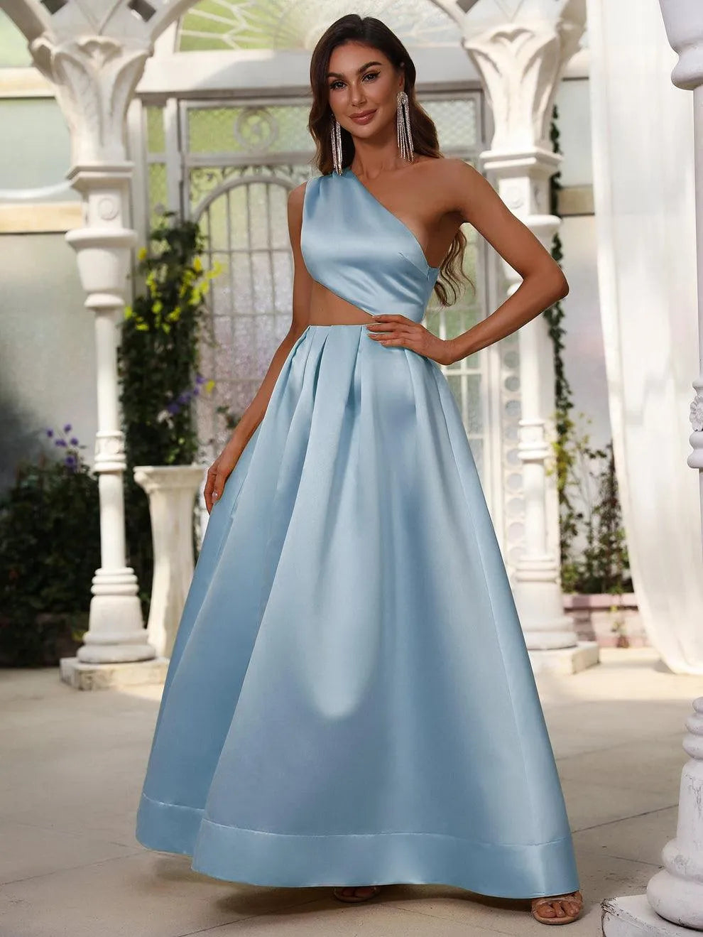 One Shoulder Cut Out Waist Satin Prom Dress - Elonnashop