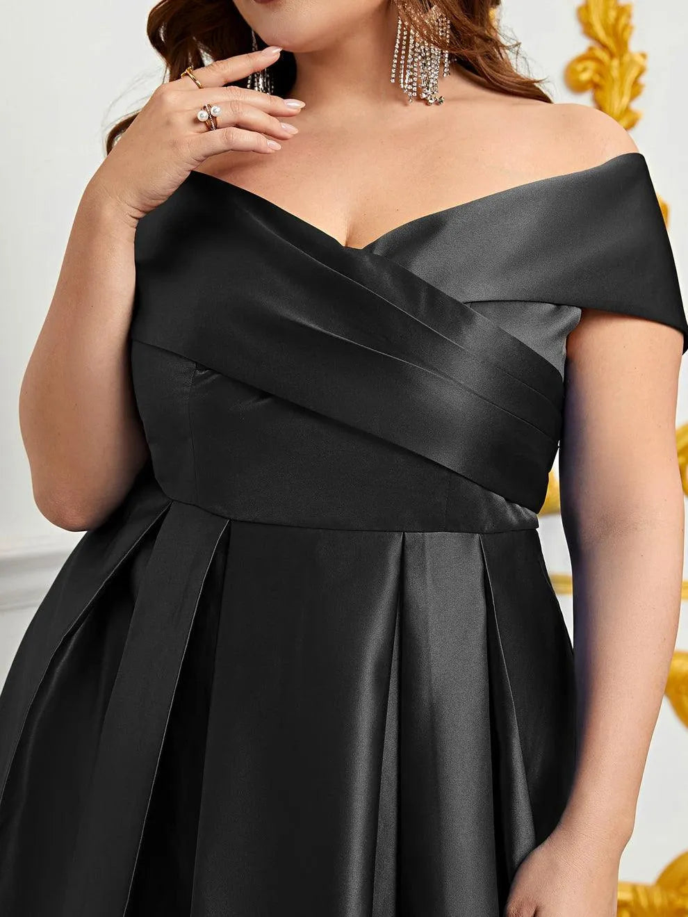 Plus Elegant Off Shoulder Satin A Line Prom Dress - Elonnashop