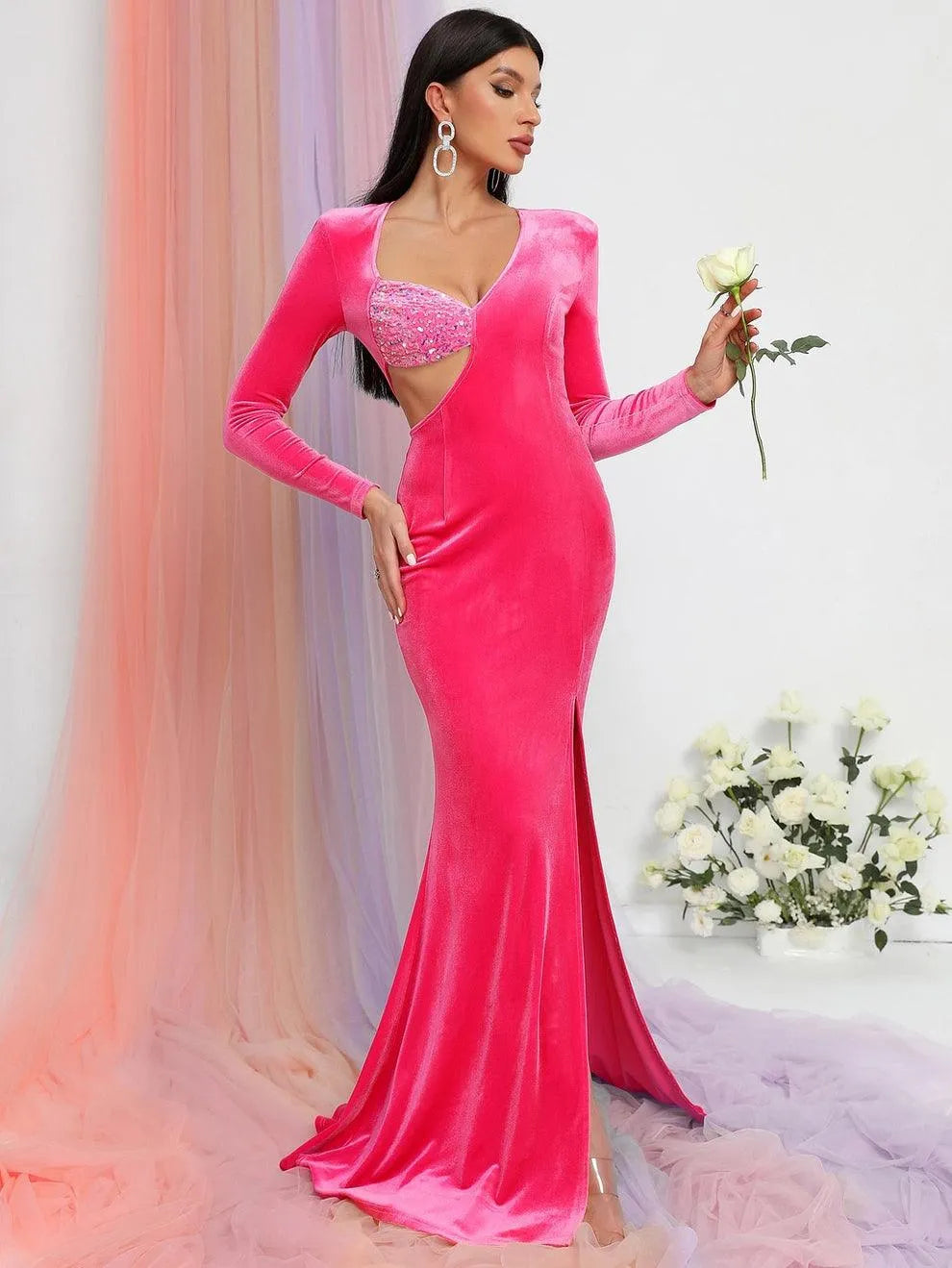 Elegant Cut Out Waist Long Sleeve Velvet Prom Dress - Elonnashop