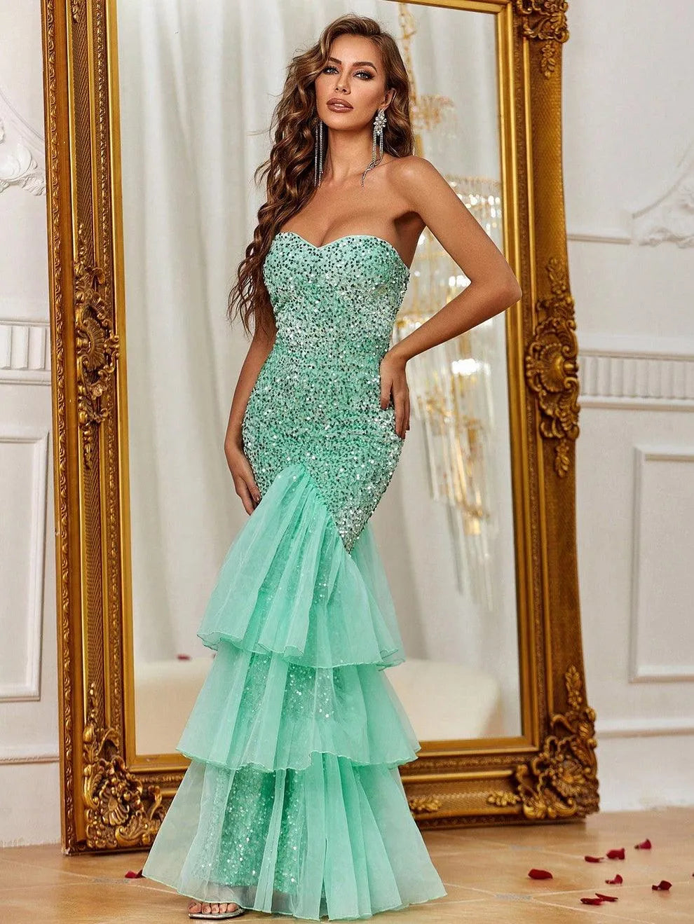 Elegant Mesh Overlay Mermaid Hem Sequin Prom Dress - Elonnashop