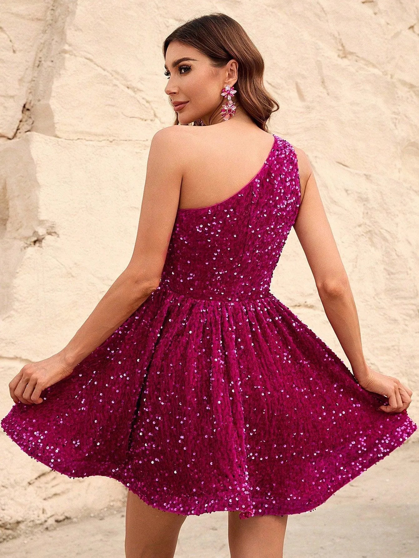 One Shoulder Sleeveless Sequin A Line Dresses - Elonnashop