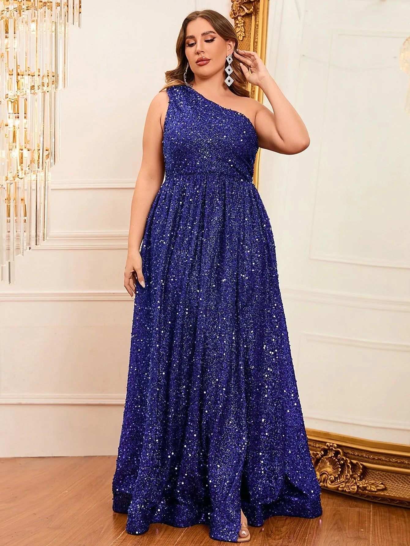 Plus Size One Shoulder Sleeveless Sequin A Line Dresses - Elonnashop