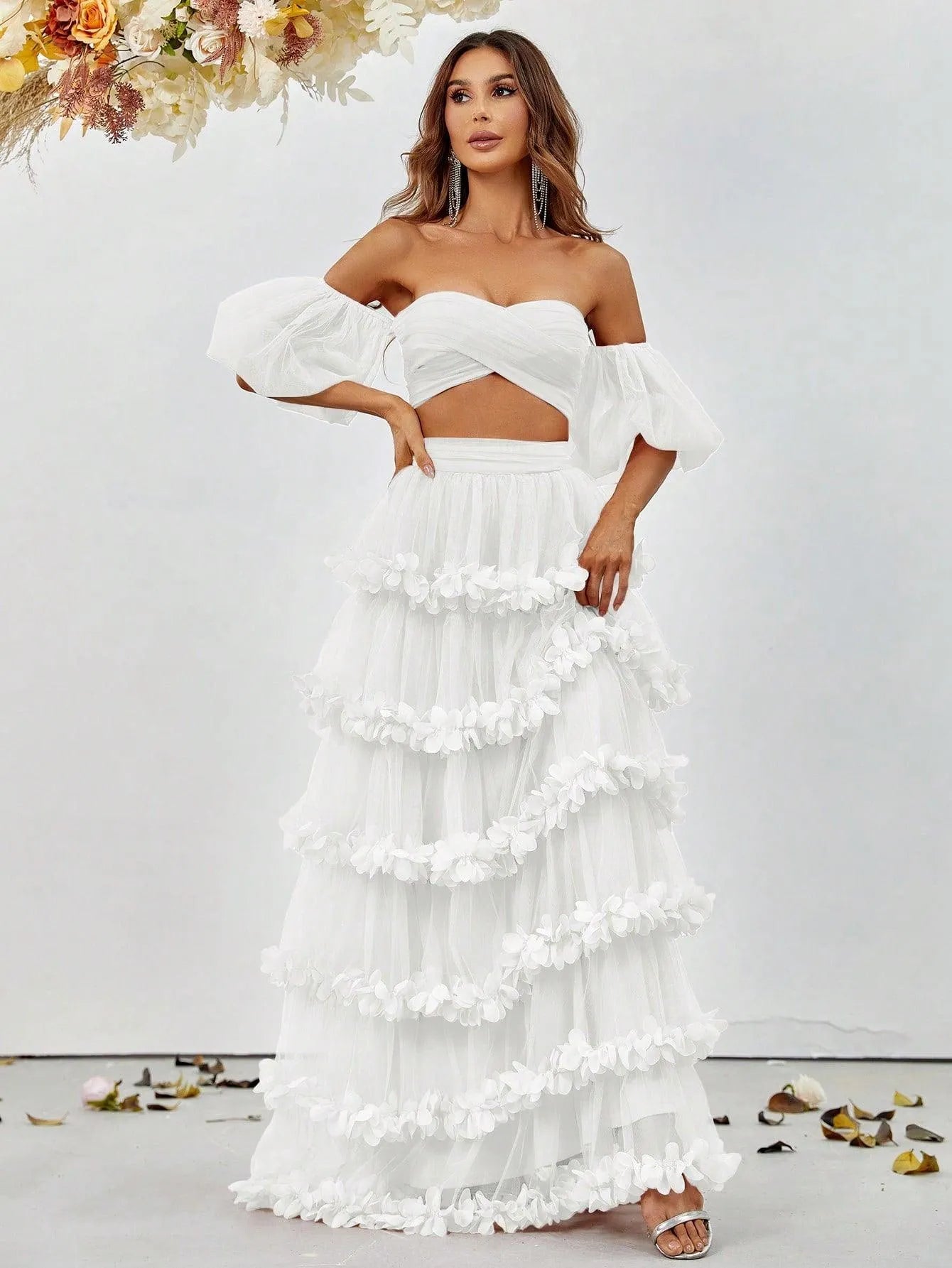 Off Shoulder Puff Sleeve Crop Top & Frill Trim Mesh Skirt - Elonnashop