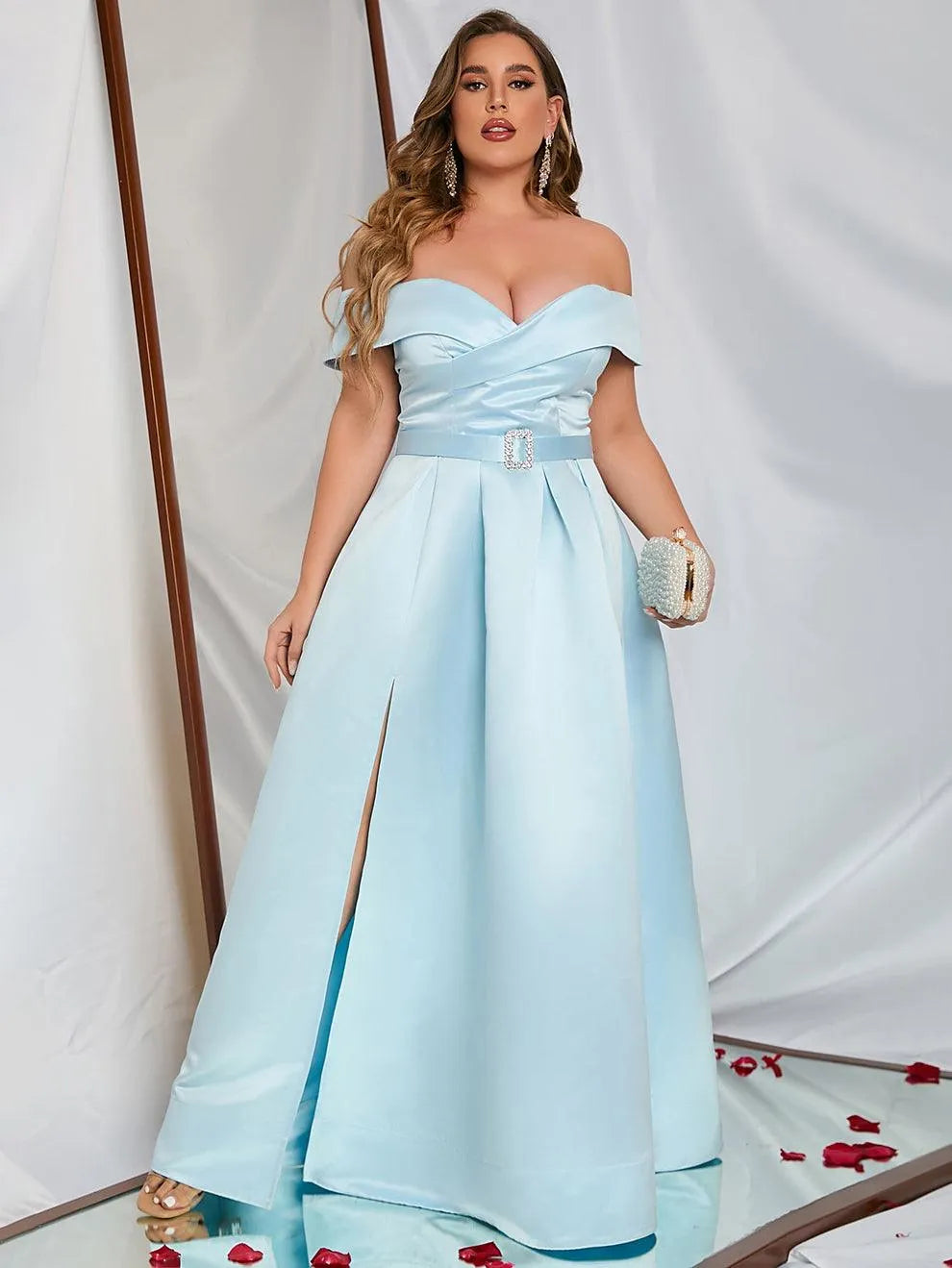 Plus Off Shoulder Buckle Belted Satin Ball Gown - Elonnashop