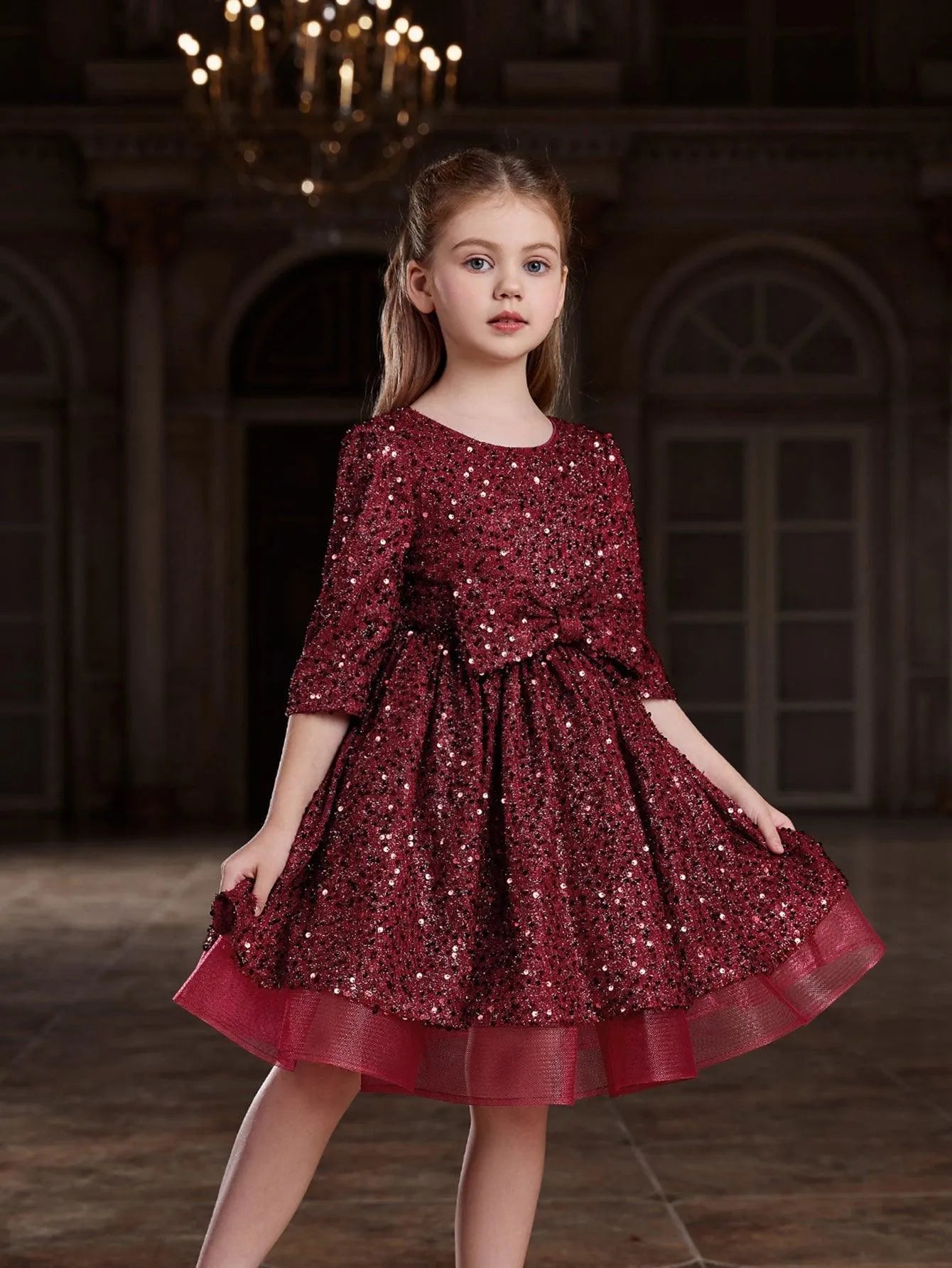 Tween Girls' Bow Detail 3/4 Sleeve Sequin Party Dress - Elonnashop