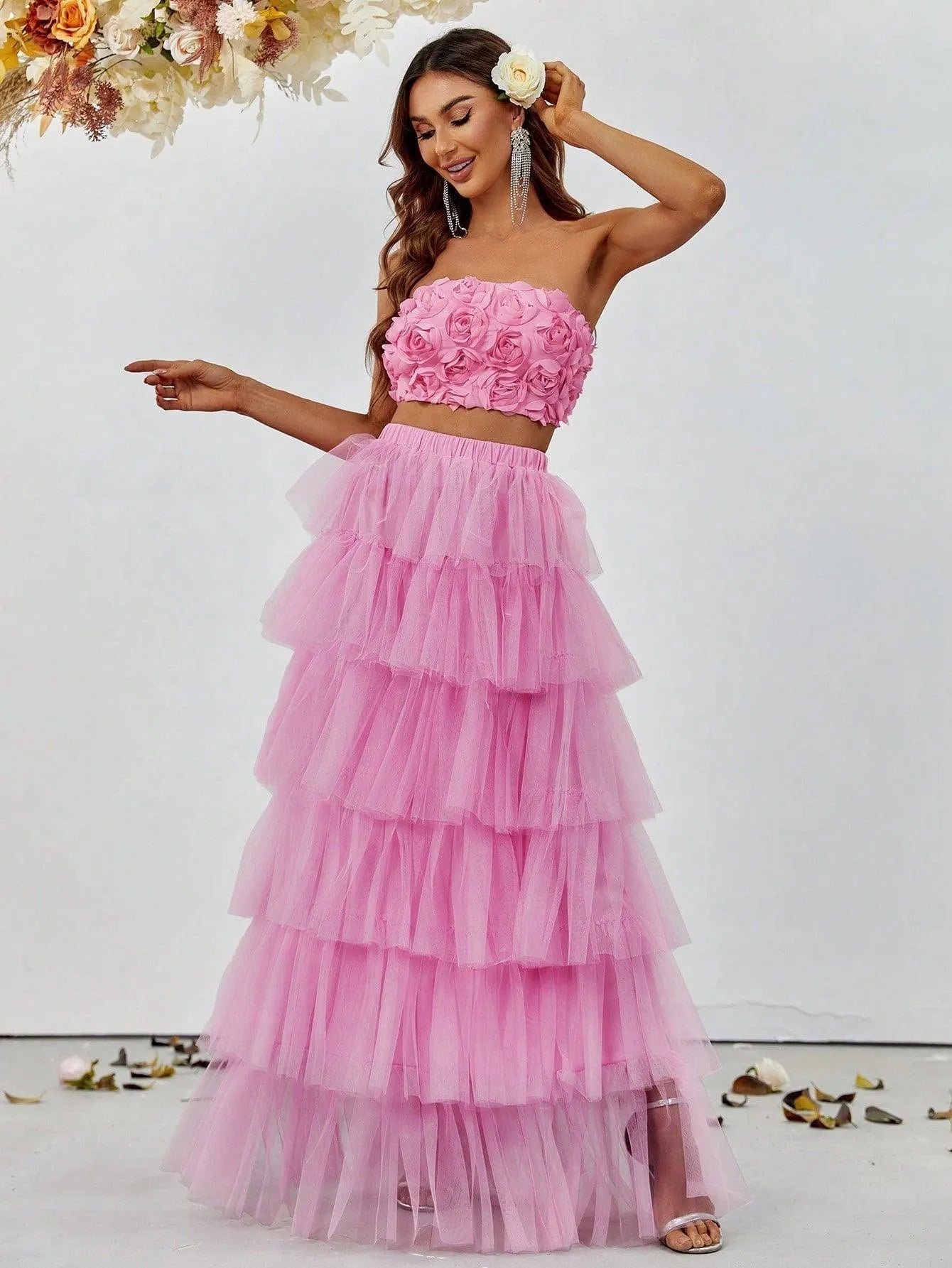 Ruffled Tulle Skirt and Rosette Crop Top Set - Elonnashop