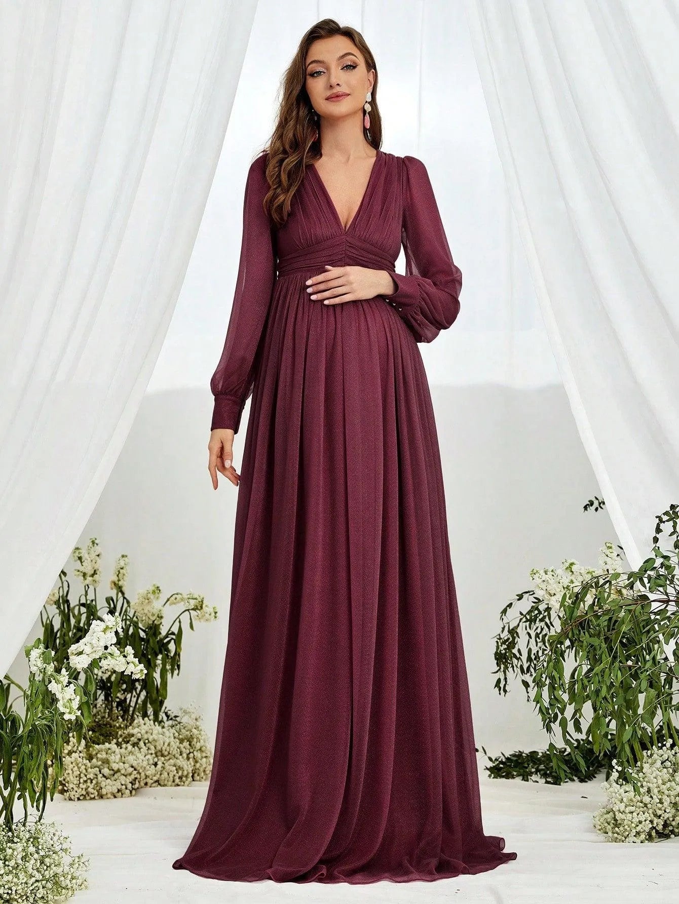 Maternity V Neck Lantern Sleeve A Line Dress Mauve / M Maternity V Neck Lantern Sleeve A Line Dress Mauve / M